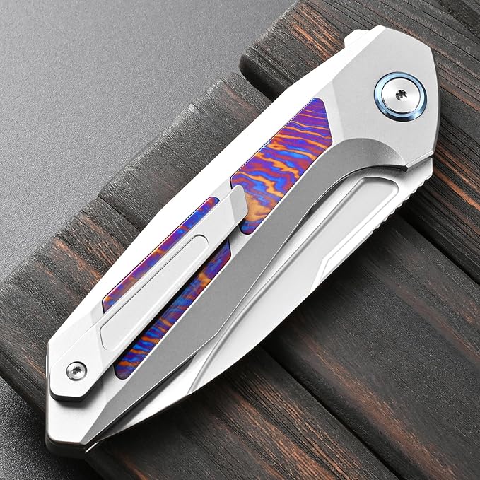 Sitivien ST996 Folding Knife Handmade M390 Pearlescent Polishing BladeTitanium &amp Timascus Handle for Outdoor Camping Hiking Working (Timascus)