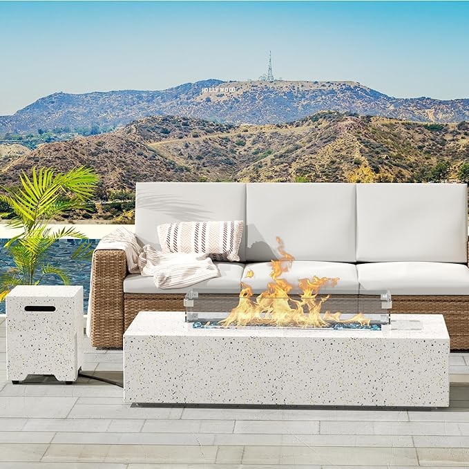 NAGA HABNA Propane Fire Pit Table Outdoor Fire Table (50000 BTU) Gas Fire Pit for Garden Pool Backyard (Spotted White 56 L * 28W * 13H)