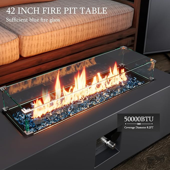 UPHA 42-inch Outdoor Propane Gas Fire Pit Table 50000 BTU Iron Rectangle Firepit for Outside Patio with Tank Hidden Table Wind Guard Removable Lid Blue Glass Rocks Rain Cover Grey