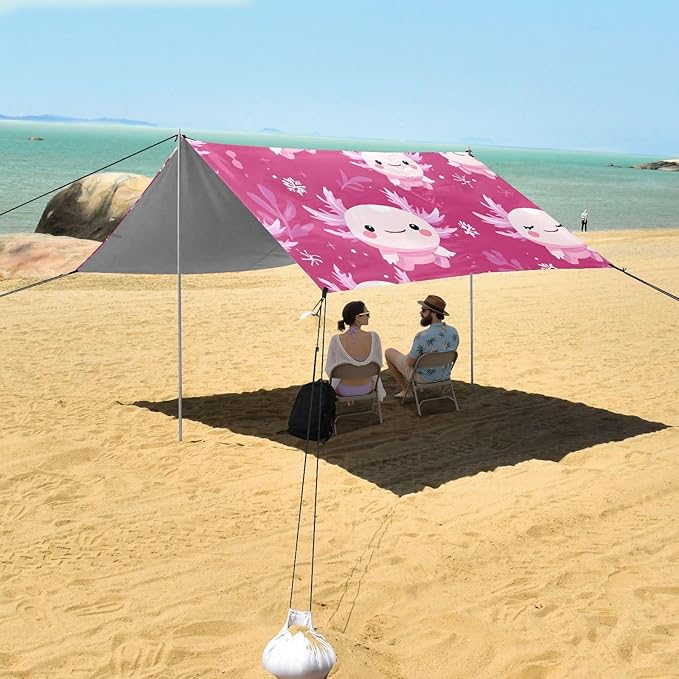 ALAZA Cute Axolotl Cartoon Beach Tent Sun Shelter UPF50+ Protection Beach Shade Canopy w/ 4 Sandbags for Outdoor Camping Fishing Backyard Fun Picnic 10x9 ft