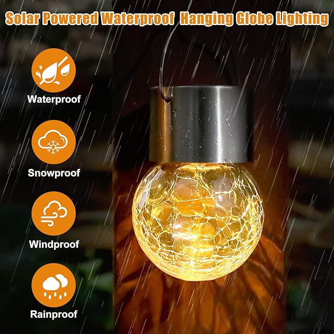 12Pack Hanging Outdoor Solar Lights - Decorative Cracked Glass LED Ball Lights Waterproof Tree Solar Powered Globe Lights with Handle for Garden Yard Patio Fence Christmas Decoration Warm White