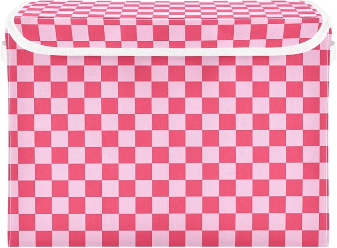 Light Pink Checkerboard Storage Baskets Lidded Bin Foldable Storage Boxes Cubes Lids with 2 Handles for Organizing Closet Home Office