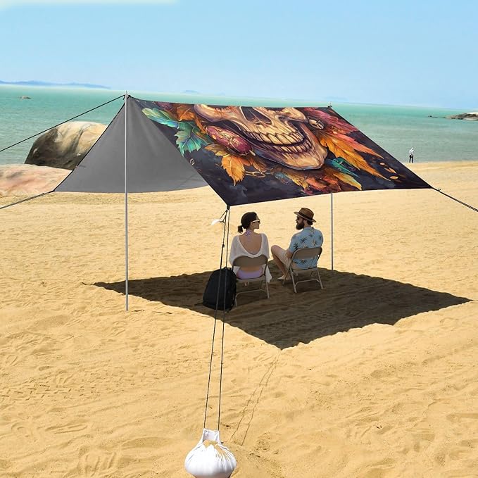 ALAZA Pirate Skull with Leaves Beach Tent Sun Shelter Portable Canopy Sunshade for Outdoor Camping Picnics Backyard Fun 10x9 ft