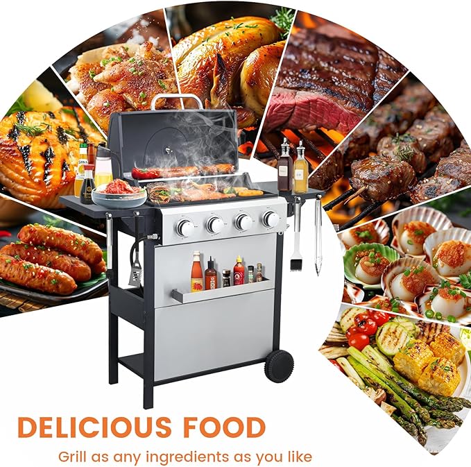 4-Burner Propane Gas BBQ Grill 34200BTU Stainless Steel Barbecue Grill With Wire Enamel Cooking Grids Foldable Side Table for Outdoor Camping (Style11: 4 Burner)
