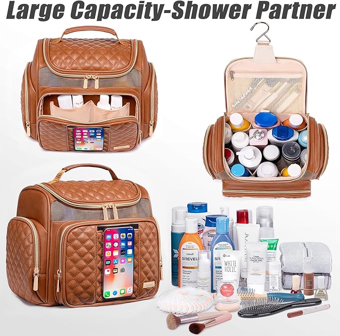 Large Leather Toiletry Bag for Women MenBathroom BagWater Resistant Shower BagMakeup BagPortable Shower Caddy for College DormHanging Travel Toiletry Bag with Transparent Waterproof Phone Pocket