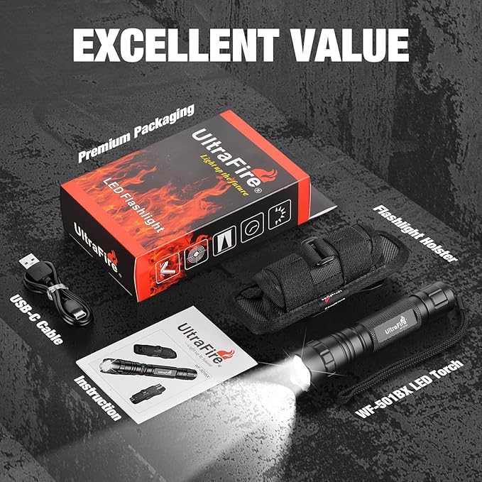 ULTRAFIRE Tactical Flashlight with Holster for Duty Belt 1000 High Lumen Police Flashlight with Belt Holster Rechargeable Law Enforcement Flashlight 3 Modes Security Flashlights WF-501BX