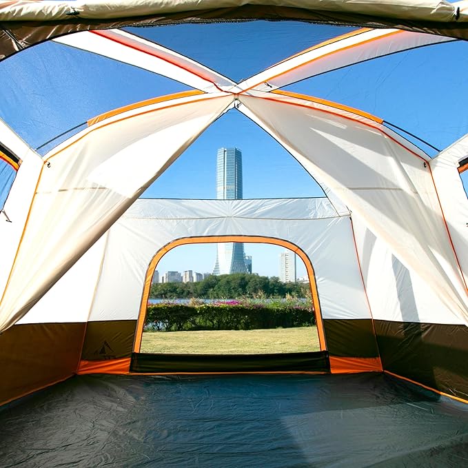 KTT Extra Large Tent 10-12-14 Person(B)Family Cabin Tents2 Rooms3 Doors and 3 Windows with MeshStraight WallWaterproofDouble LayerBig Tent for OutdoorPicnicCampingFamily Gathering