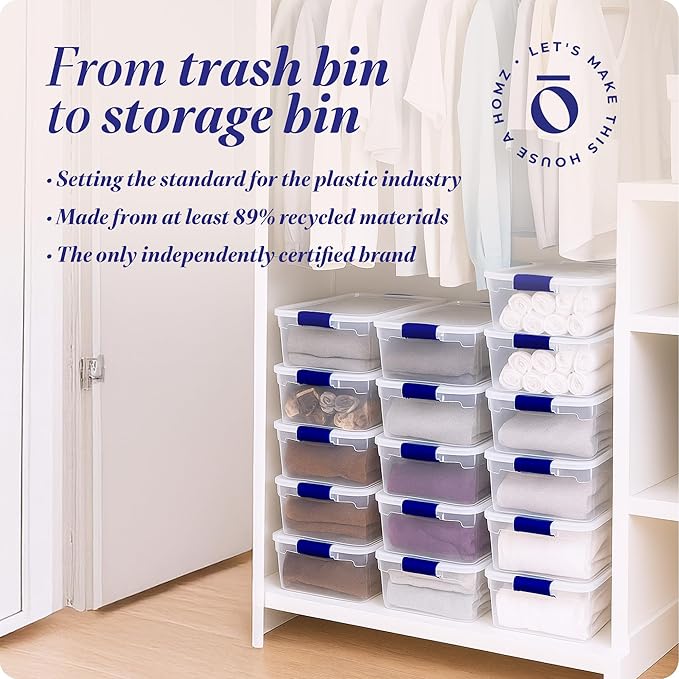 HOMZ 12-Pack Secure Latch Clear Plastic Storage Organizer Bins 15.5 Quart Blue - Stackable Container Boxes for Bedroom Bathroom Garage and Office Organization