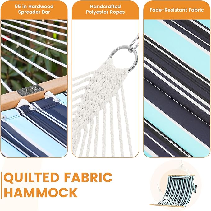 Lazy Daze Hammocks 2 Person Double Quilted Fabric Hammock with Spreader Bar Detachable Pillow Side Pocket Carabiners Chains Straps for Outdoor 450lbs Capacity Aqua Navy