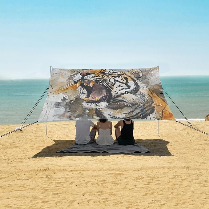 ALAZA Howling Tiger Watercolour Beach Tent Sun Shelter UPF50+ Protection Beach Shade Canopy w/ 4 Sandbags for Outdoor Camping Fishing Backyard Fun Picnic 10x9 ft