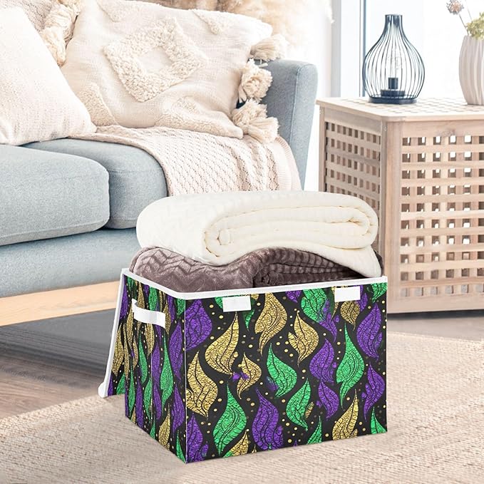 Storage Baskets with Lids Mardi Gras Collapsible Bins Stackable Fabric Linen Baskets Closet Organizer Container 16.5x12.6x11.8