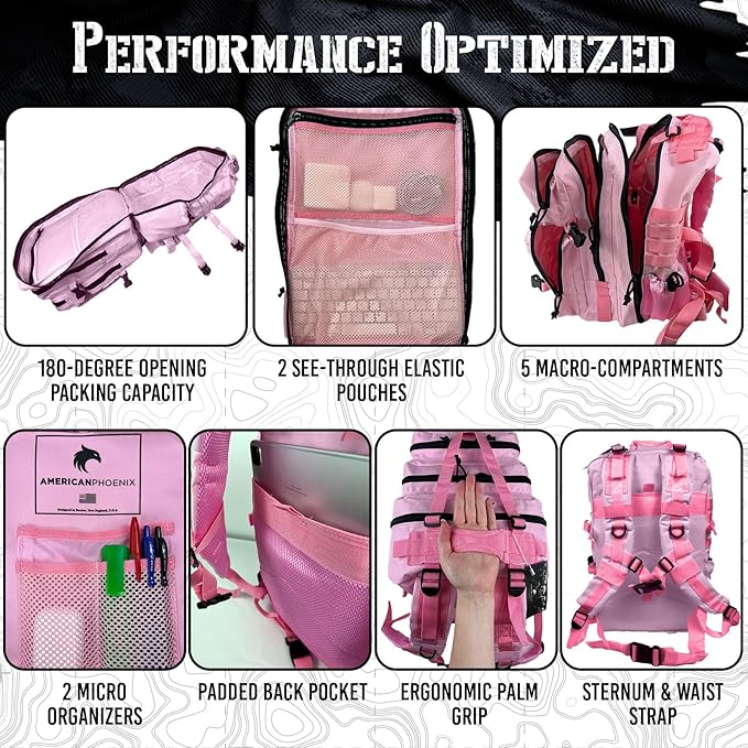 AMERICANPHOENIX 45L Elite Tactical Backpack | 3X Stronger Work &amp Military Backpack | Water Resistant and Heavy Duty | 3 Day MOLLE Bug Out Bag (Rose Pink)