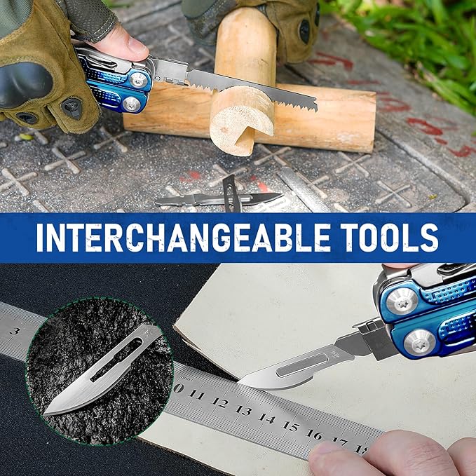 BIBURY Multitool Pliers BI2049BL with Blue Titanium Handle EDC Multi Tool with Replaceable Wire Cutter Full-Size Scissors and Screwdirver Set Heavy Duty Hand Tool for DIY Repair Camping Survival