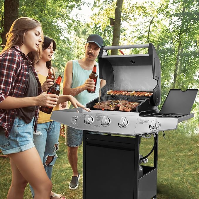 Lyromix 3 Burners Gas Grill with Side Burner Propane Grill with Wheels and Storage Outdoor Gas BBQ with Oil Tray and Thermometer for Patio and Party 37000 BTU