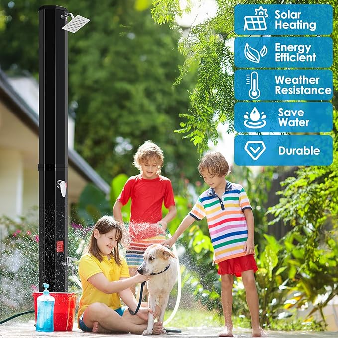 TLSUNNY 16 Gallon Solar Heated Shower W/ 360° Rotating Shower Head &amp Faucet Freestanding Outdoor Shower W/ 210D Protective Cover Water Temperature Adjustment for Pool Garden Beach Spa Backy