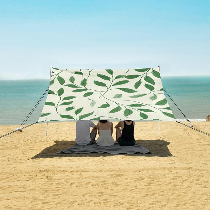 Beach Canopy with Windproof Ropes &amp Sandbags Beach Tent Sun Shade Sun Shelter for Camping Trips Fishing Backyard Fun or Picnics Leaves