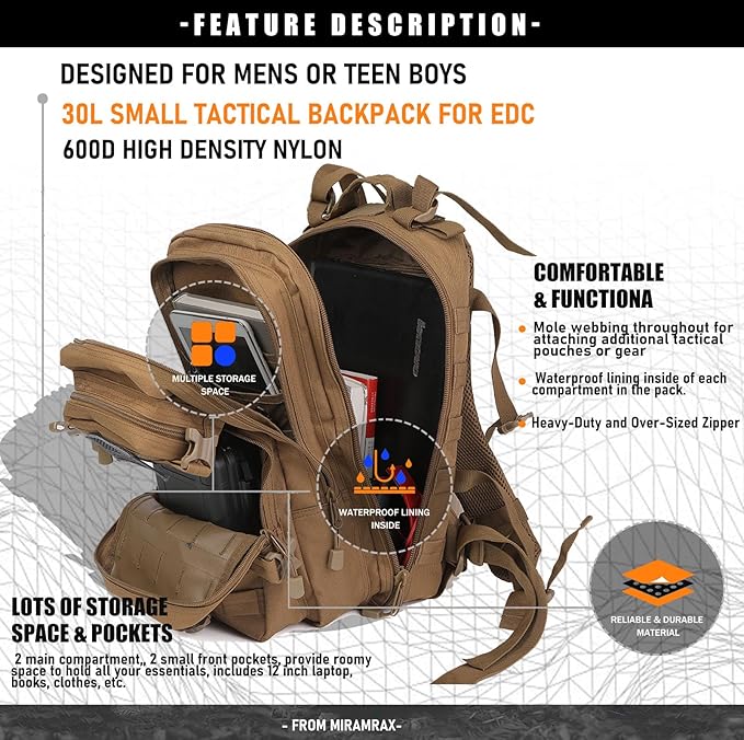 Miramrax Small Tactical Backpack Military Daypack - 30L Backpack for Men Molle Assault Pack Bug Out Bag for Hiking Camping Travel Army Hunting Rucksack Trekking (Coyote)
