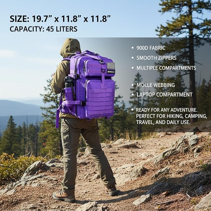 45L Military Tactical Backpack for Men &amp Women Bug Out Bag Assault pack Molle Daypack Hiking Trekking Rucksack (2.0 side pockets (purple))