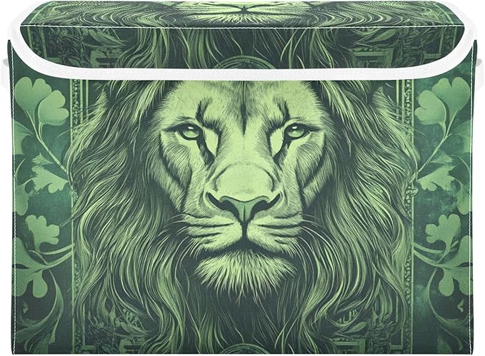 Storage Cube with Lid Green Leaves Lion Print 16.5×12.6×11.8 IN Collapsible Large Capacity Foldable Storage Basket Bin Organizer
