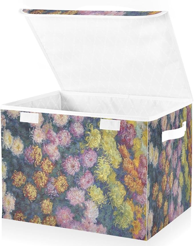 Storage Bins With Lid Stackable Fabric Closet Organizer Clothing Storage Large Boxes For Closet Shelves Bedroom Chrysanthemums Flower Monet