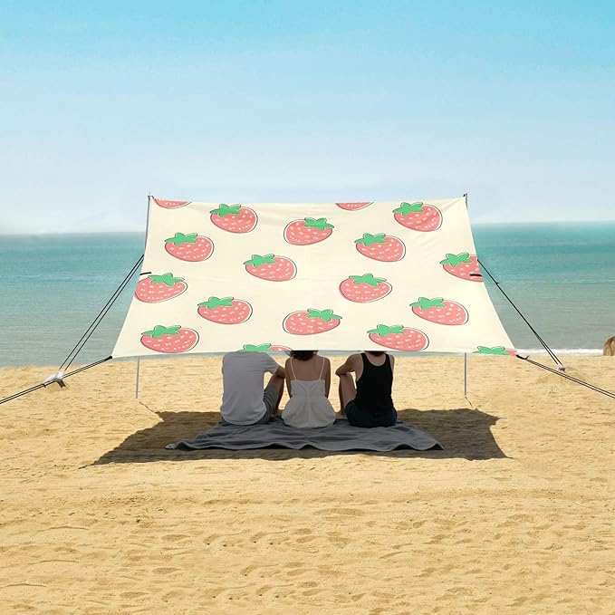 ALAZA Strawberry Beige Background Pattern Beach Tent Sun Shelter Portable Canopy Sunshade for Outdoor Camping Picnics Backyard Fun 10x9 ft