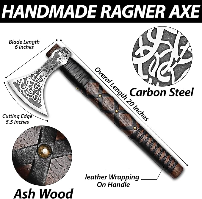 SHINY CRAFTS® Norse Viking Axe with Leather Sheath – Hand-Forged Bearded Hatchet Tomahawk Axe for Camping Survival Woodcutting Unique Gift for Him Husband Dad Groomsmen (Black-VBA-04)