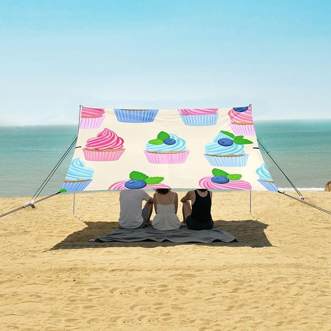 xigua Cake Beach Tent Sun Shelter with Carrying Bag - Silver Coated Oxford Fabric Beach Canopy for Beach Camping Fishing - Includes Windproof Ropes Sandbags &amp Stakes