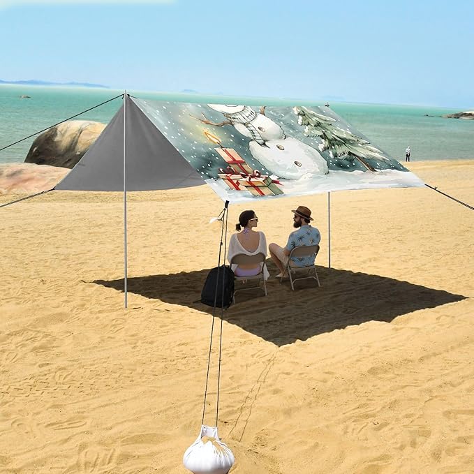 ALAZA Christmas Snowman Winter Beach Tent Sun Shelter UPF50+ Protection Beach Shade Canopy w/ 4 Sandbags for Outdoor Camping Fishing Backyard Fun Picnic 10x9 ft