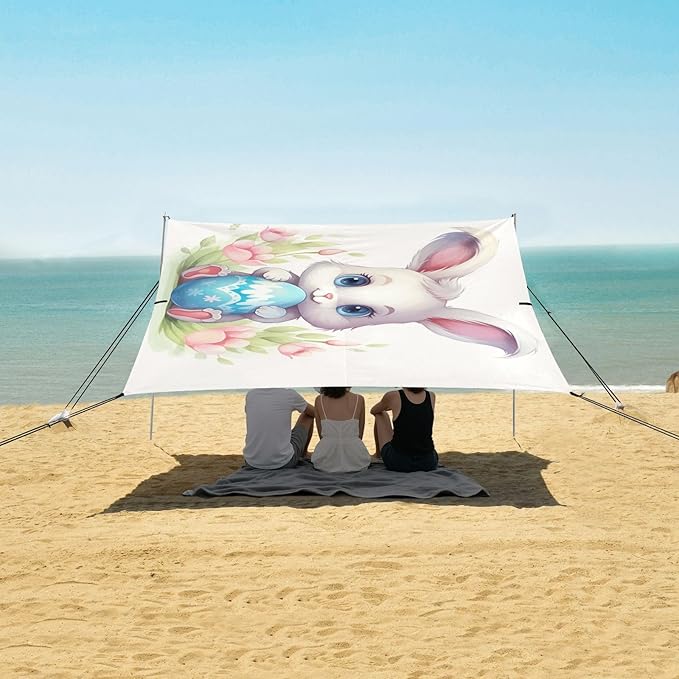 ALAZA Cute Rabbit Easter Egg Beach Tent Sun Shelter UPF50+ Protection Beach Shade Canopy w/ 4 Sandbags for Outdoor Camping Fishing Backyard Fun Picnic 10x9 ft