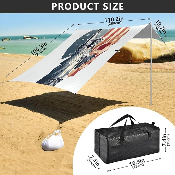 ALAZA Skull USA Flag Statue of Liberty Beach Tent Sun Shelter Portable Canopy Sunshade for Outdoor Camping Picnics Backyard Fun 10x9 ft