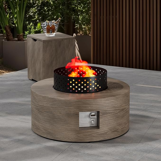 30 Round Propane Fire Pit Table - 50K BTU with Lid Rocks Tank Storage and Cover - Round Gas Fire Pits for Outside Patio - Outdoor Table with Firepit (Teak Finish 30 Round)