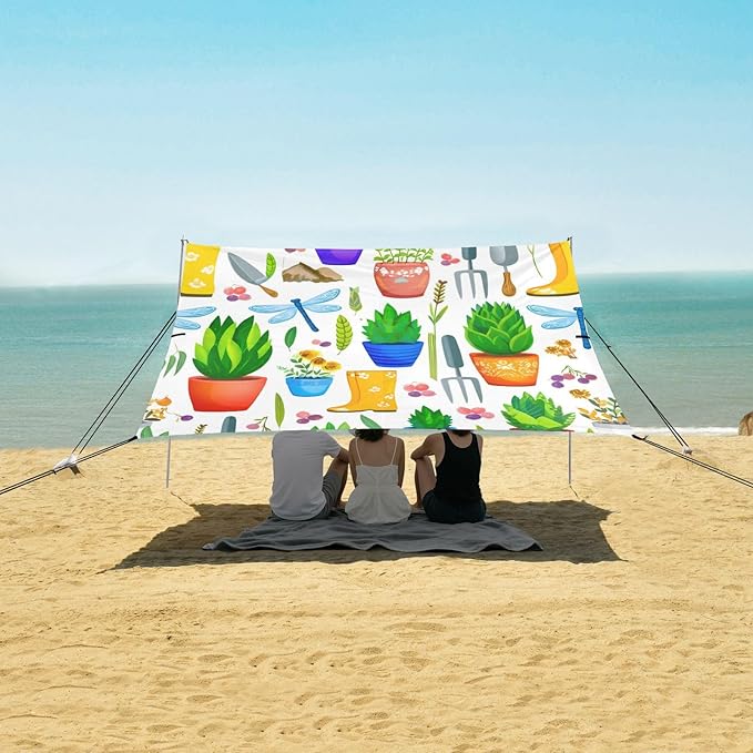 xigua Potted Plants Beach Tent Sun Shelter with Carrying Bag - Silver Coated Oxford Fabric Beach Canopy for Beach Camping Fishing - Includes Windproof Ropes Sandbags &amp Stakes