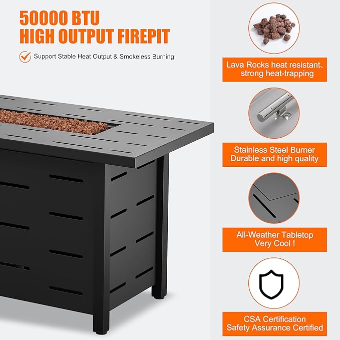 Walsunny 43 inch Outdoor Propane Fire Pit 50000 BTU Gas Fire Pit Table with Lid Waterproof Cover Rectangle Gas Firepit Table for Garden/Patio CSA Certification
