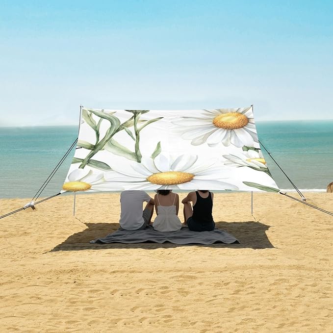 ALAZA Wildflowers White Daisies Flower Plant Flowers Beach Tent Sun Shelter Portable Canopy Sunshade for Outdoor Camping Picnics Backyard Fun 10x9 ft