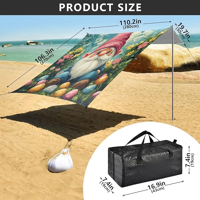 Easter Eggs Gnome Beach Tent Sun Shelter Set UPF50+ UV Protection 10.5 x 9.19 FT Camping Shade Canopy with Sandbags Sand Anchors Carrying Bag and Others