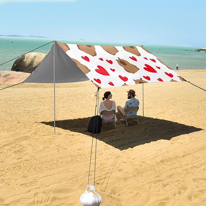 Capibara Beach Canopy Sun Shelter with Sandbags &amp Sand Shovel &amp Windproof Ropes - Portable 110x126 Beach Shade Beach Tent for Camping Picnics