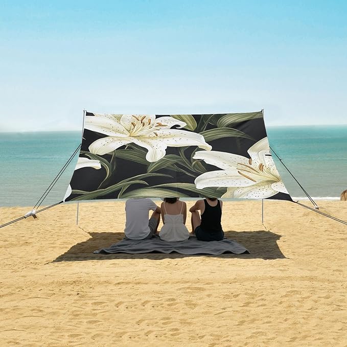 ALAZA White Lily and Plant Beach Tent Sun Shelter Portable Canopy Sunshade for Outdoor Camping Picnics Backyard Fun 10x9 ft