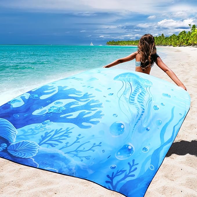 Beach Blanket Waterproof Sandproof Beach Mat 79 X 83/10'x9'for 2-8 Adults Quick Drying Outdoor Picnic Mat Beach Accessories for Travel Camping Hiking