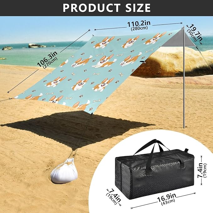 ALAZA Corgi Bone Pattern Beach Tent Sun Shelter Portable Canopy Sunshade for Outdoor Camping Picnics Backyard Fun 10x9 ft