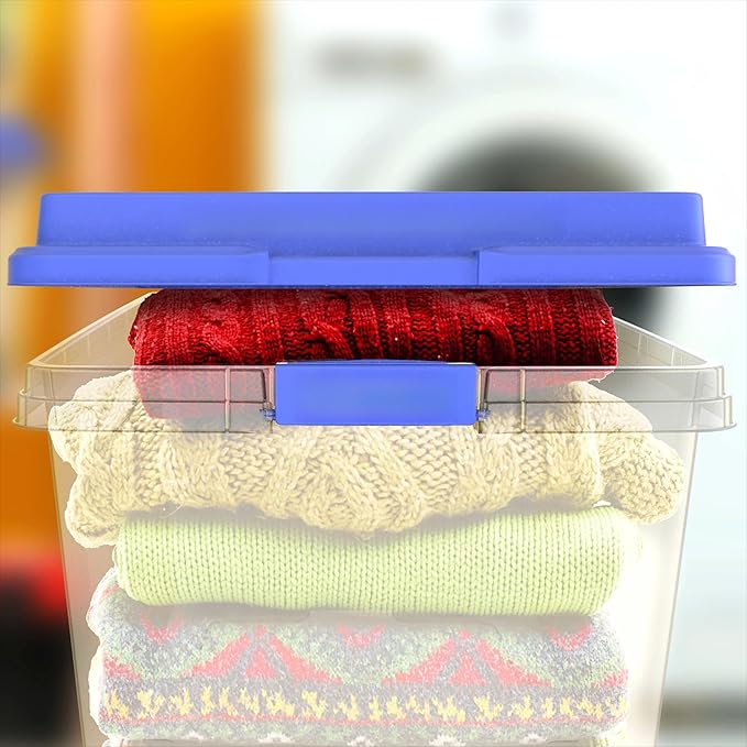 72 Quart Clear Storage Bin Latched Storage Container with Blue Lid