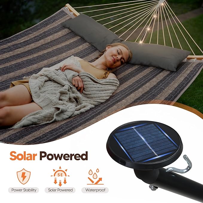 SUNCREAT Double Outdoor Hammock with 12 ft Stand Stand Alone Hammock with Solar Powered Lights Gray Stripes