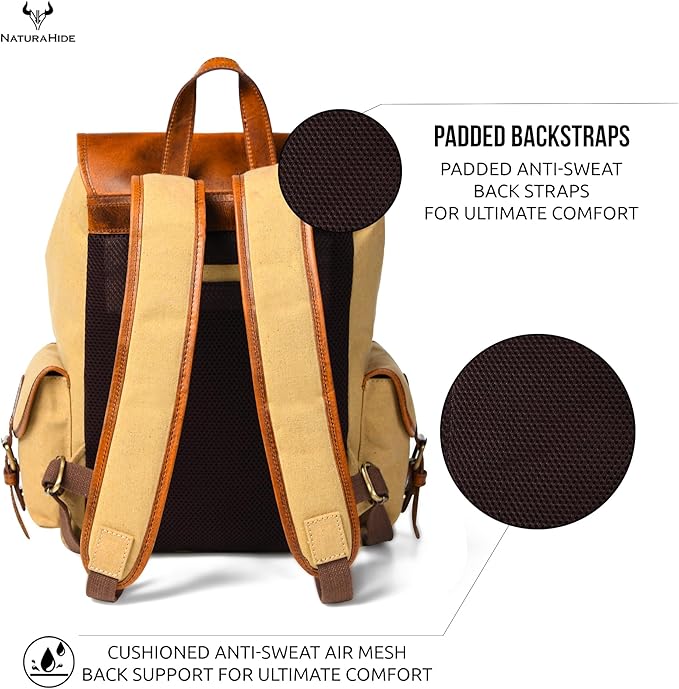Leather Canvas Backpack Durable Vintage Large Travel Laptop Bag for Men &amp Women Work Hiking School (Tan)