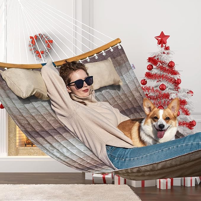 Double Hammock 11 FT Quilted Fabric 2 Person Hammock for Outside with Pillow Folding Curved Spreader Bar Chains Carrying Bag Indoor Outdoor 450 IB Capacity Aqua Green