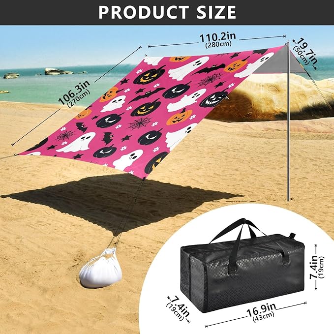 ALAZA Cute Ghost Pumpkin Bat Halloween Beach Tent Sun Shelter UPF50+ Protection Beach Shade Canopy w/ 4 Sandbags for Outdoor Camping Fishing Backyard Fun Picnic 10x9 ft