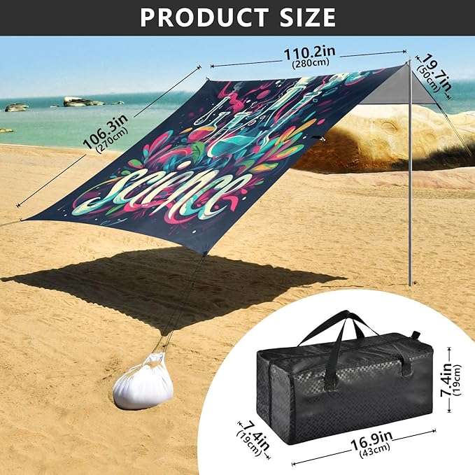 ALAZA Science Instruments Rainbow Beach Tent Sun Shelter UPF50+ Protection Beach Shade Canopy w/ 4 Sandbags for Outdoor Camping Fishing Backyard Fun Picnic 10x9 ft