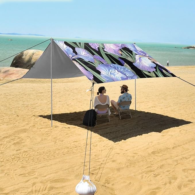 ALAZA Purple Iris Flowers Floral Beach Tent Sun Shelter UPF50+ Protection Beach Shade Canopy w/ 4 Sandbags for Outdoor Camping Fishing Backyard Fun Picnic 10x9 ft