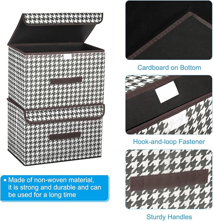 PATIKIL Fabric Collapsible Storage Bin 14.2 x 9.1 x 9.4 Inch 3 Pcs Foldable Storage Box Cube with Lids and Handle Organizer Container for Home Bedroom Closet Clothes Black White Grid