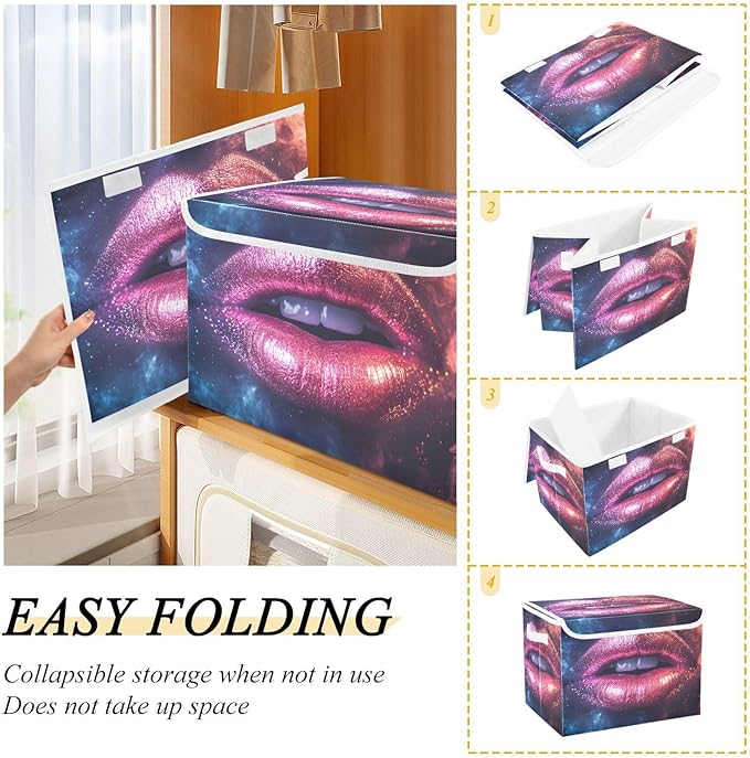 Shining Lip Storage Cube Bins Basket with Lid Collapsible Flip-top Fabric with Handle for Home Bedroom Closet Office 16.5×12.6×11.8 in
