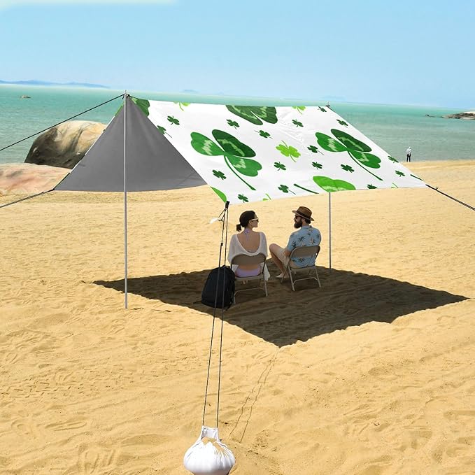 Beach Canopy with Windproof Ropes &amp Sandbags Beach Tent Sun Shade Sun Shelter for Camping Trips Fishing Backyard Fun or Picnics St. Patrick's Day Clover