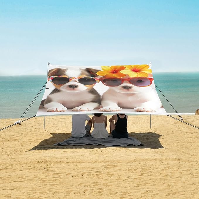 ALAZA Cute Puppy Dogs Sunglasses Flower Beach Tent Sun Shelter Portable Canopy Sunshade for Outdoor Camping Picnics Backyard Fun 10x9 ft